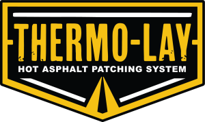black and yellow company logo with the words thermo-lay hot asphalt patching system