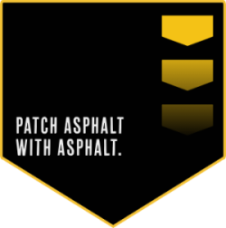 a black icon in the shape of a baseball home plate with the words Patch Asphalt With Asphalt. on it
