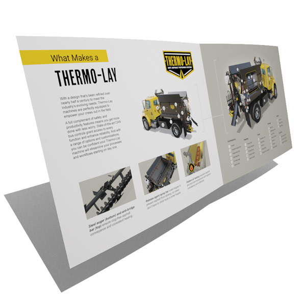 Poster reviewing the features and benefits of the Thermo-Lay asphalt patching machine design.